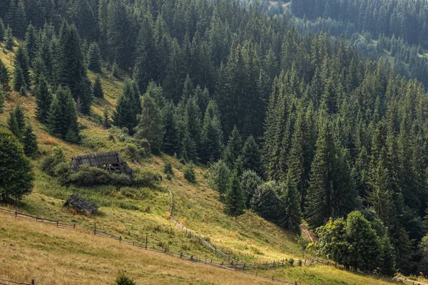 Övergivna Byggnader Bergen Trähus Mot Bakgrund Stenar Det Naturliga Landskapet — Stockfoto