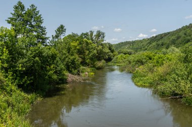 Sakin bir nehir, ağaçlar ve tepelerle çevrili canlı yeşil bitki örtüsünün içinden akar ve güneşli bir günde huzurlu bir kırsal alan yaratır..