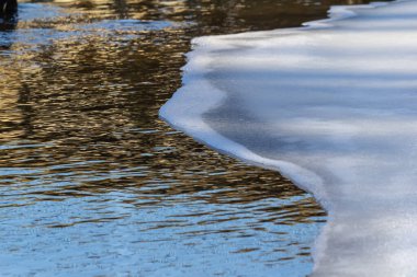 Parlak güneş ışığı nehri aydınlatır. Buz, su kenarında eriyerek beyaz ve parlak mavinin güzel bir kontrastını yaratır. Baharın gelişini işaret eder..