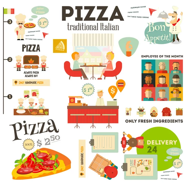 Pizzeria-Infografik. Pizzeria. Mahlzeit im Café und Pizzabacken. — Stockvektor