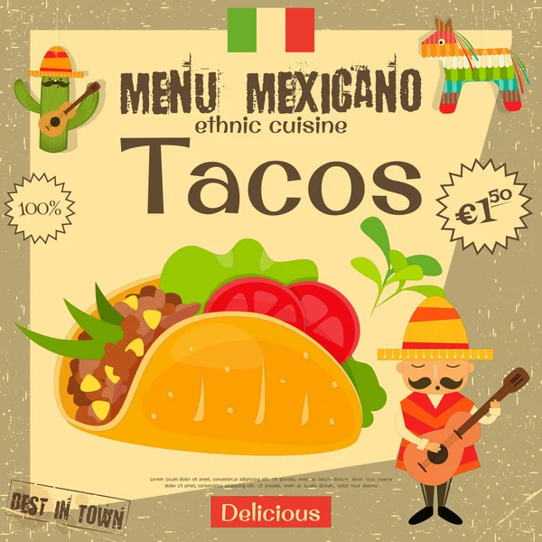 Mexikanische Speisekarte. Tacos. Traditionelle mexikanische Küche. — Stockvektor