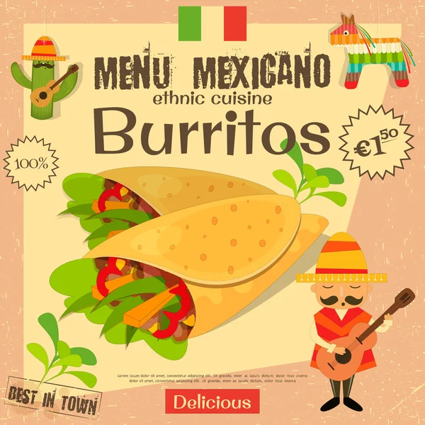 Mexikanische Speisekarte. Burritos. Traditionelle mexikanische Küche. — Stockvektor