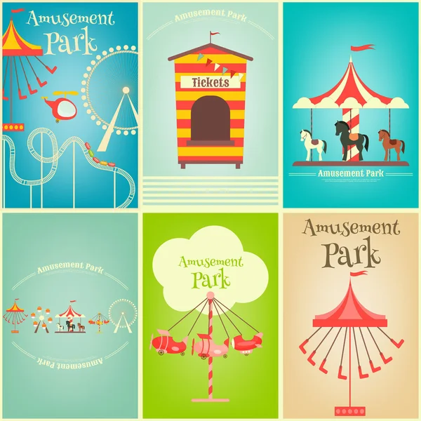 Parque de Atracciones. Tarjeta de vacaciones de verano con elementos del recinto ferial — Vector de stock