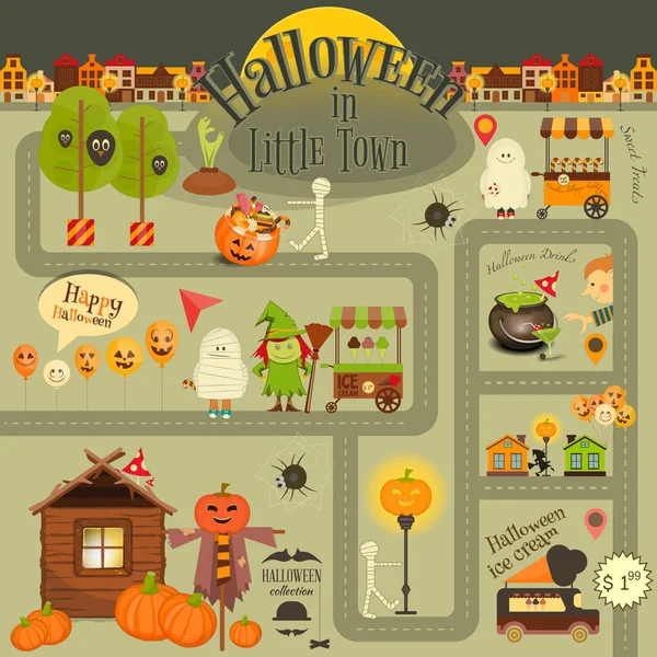 Halloween en ville - Carte Infographique, Street Food et symboles de fête d'octobre . — Image vectorielle