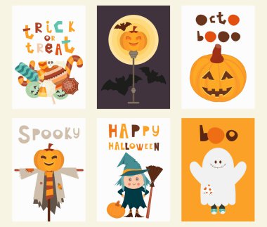 Cadılar Bayramı posterleri. Cadılar Bayramı Karakterleri ve Elementleri çizgi filmi. Cadı, Hayalet, Korkuluk, Balkabağı, Yarasa, Jack-o-Lantern. Tebrik kartı, ambalaj için çocuk resimleri. Vektör İllüstrasyonu.