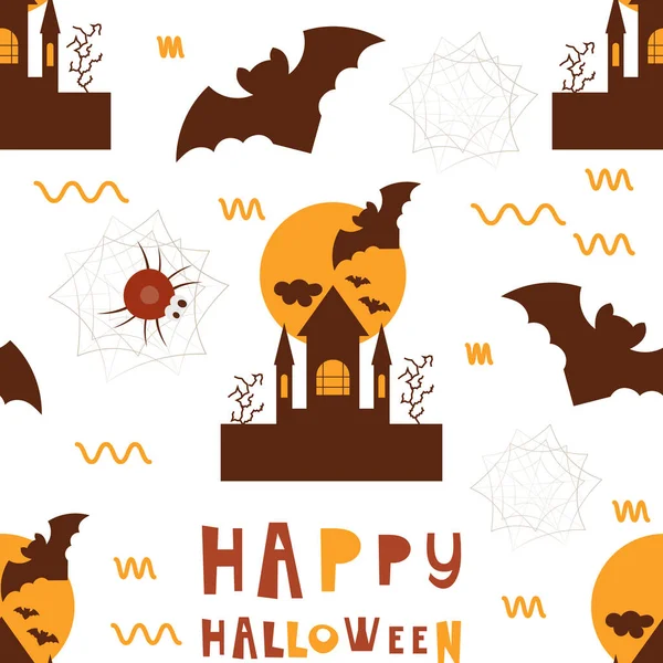 Halloween Seamless Mönster Tecknad Halloween Tecken Bat Spindel Slott Vektorillustration — Stock vektor