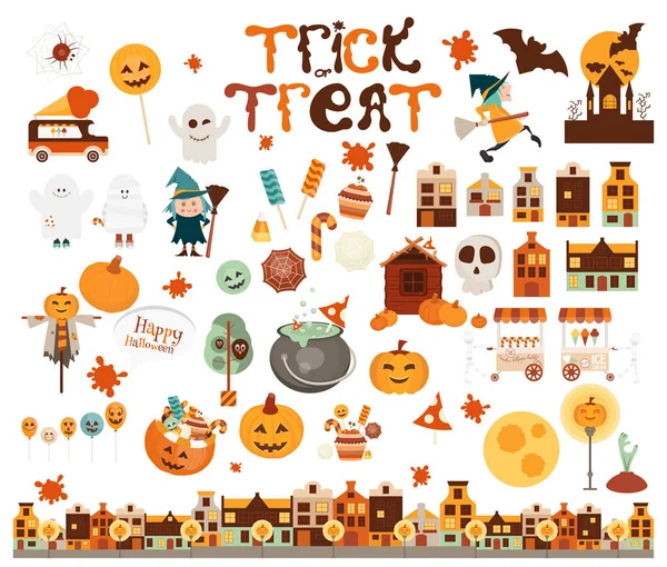 Vicces Halloween Karakterek Elemek Gyűjtemény Boszorkány Mami Szellem Töklámpás Tökfej — Stock Vector