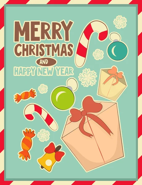 Postal retro de Navidad con juguetes y caja de regalo — Vector de stock