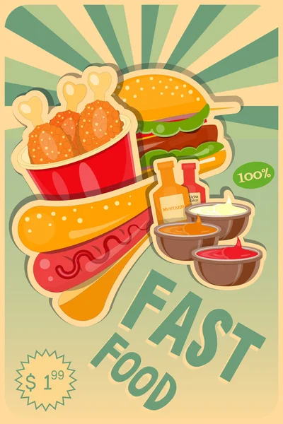 Fast Food poster - Burgers, Hot Dog and Chicken Advertising — Stock Vector