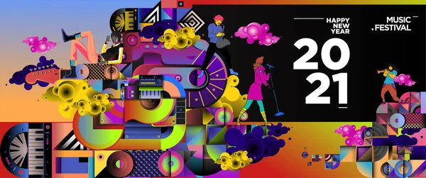 Nuovo Anno 2021 Festival Musica Festa Modello Banner Celebrazione Rock — Vettoriale Stock