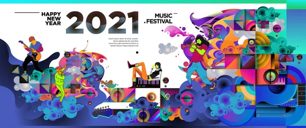 Año Nuevo 2021 Festival Música Banner Celebración Fiesta Plantilla Rock — Archivo Imágenes Vectoriales