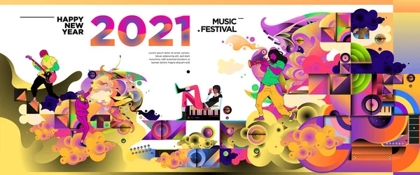 Ano Novo 2021 Festival Música Festa Modelo Banner Celebração Rock — Vetor de Stock