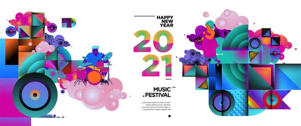 Año Nuevo 2021 Festival Música Banner Celebración Fiesta Plantilla Rock — Vector de stock