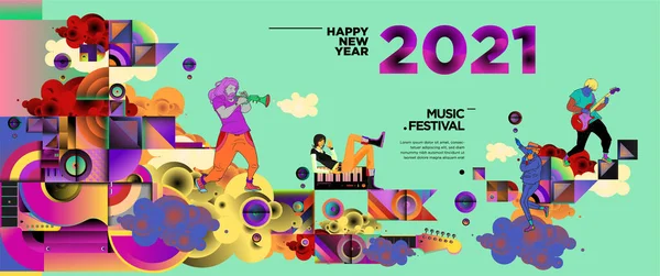 新年2021音楽祭とパーティーお祝いバナーテンプレート ロック ブルース ジャズ ニューイヤーコンサート — ストックベクタ