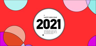 Mutlu yıllar 2021 kartı, renk çemberli parlak vektör illüstrasyon broşürü