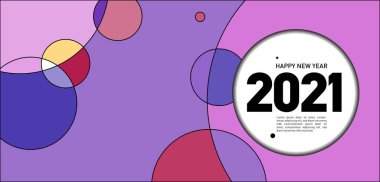 Mutlu yıllar 2021 kartı, renk çemberli parlak vektör illüstrasyon broşürü