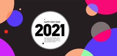 Mutlu yıllar 2021 kartı, renk çemberli parlak vektör illüstrasyon broşürü