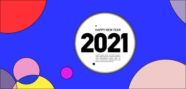 Mutlu yıllar 2021 kartı, renk çemberli parlak vektör illüstrasyon broşürü