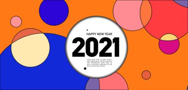 Mutlu yıllar 2021 kartı, renk çemberli parlak vektör illüstrasyon broşürü