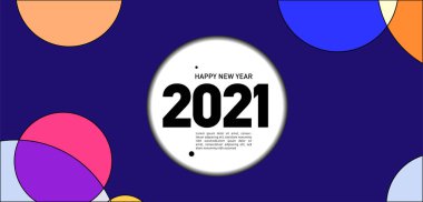Mutlu yıllar 2021 kartı, renk çemberli parlak vektör illüstrasyon broşürü