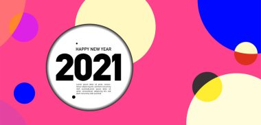 Mutlu yıllar 2021 kartı, renk çemberli parlak vektör illüstrasyon broşürü