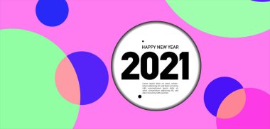 Mutlu yıllar 2021 kartı, renk çemberli parlak vektör illüstrasyon broşürü