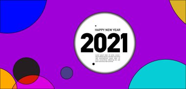 Mutlu yıllar 2021 kartı, renk çemberli parlak vektör illüstrasyon broşürü