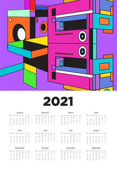 Ano Novo 2021 Projeto Calendário Com Design Fundo Geométrico Colorido —  Vetores de Stock