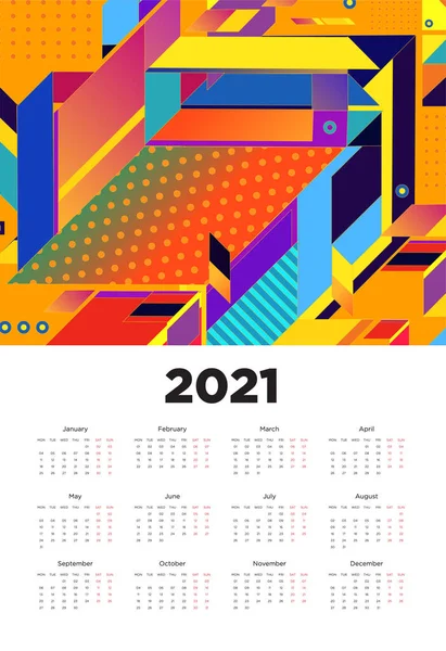 カラフルな幾何学的背景パターンのデザインと新年2021カレンダーデザイン — ストックベクタ