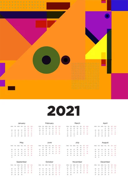 カラフルな幾何学的背景パターンのデザインと新年2021カレンダーデザイン — ストックベクタ