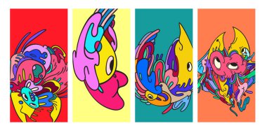 Saykodelik renkli vektör el poster ve afişler için karalama çizimi arkaplanı