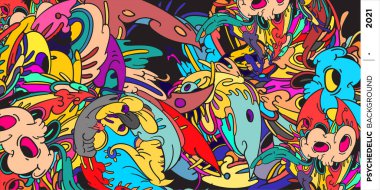 Saykodelik renkli vektör el poster ve afiş için karalama çizimi arkaplanı