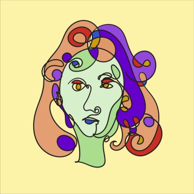 Renkli kadın portresi. Sanrısal soyut sürrealite tarzında aralıksız çizimler. Çağdaş moda tasarımlarınız için el yapımı Raster çizimi.