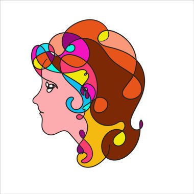 Renkli kadın portresi. Sanrısal soyut sürrealite tarzında aralıksız çizimler. Çağdaş moda tasarımlarınız için el yapımı Raster çizimi.