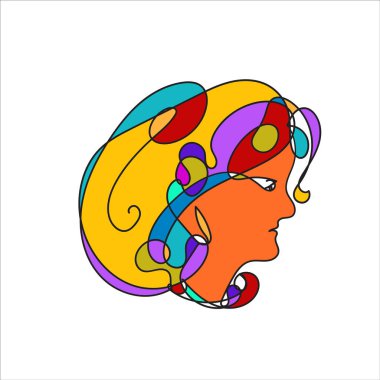 Renkli kadın portresi. Sanrısal soyut sürrealite tarzında aralıksız çizimler. Çağdaş moda tasarımlarınız için el yapımı Raster çizimi.