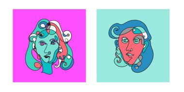 Renkli kadın portresi. Sanrısal soyut sürrealite tarzında aralıksız çizimler. Çağdaş moda tasarımlarınız için el yapımı Raster çizimi