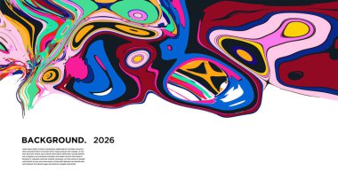 Renkli Psikedelik Sıvı Vektör Banner. Gezgin Soyut Renkli Arkaplan 2026