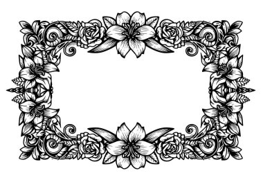 Karmaşık desenler ve çiçekler içeren süslü çiçek çerçevesi tasarımı