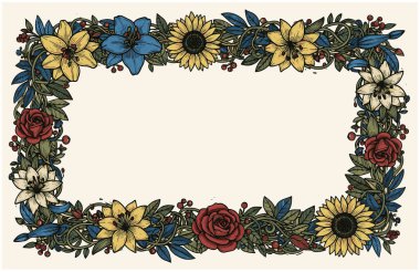 Renkli çiçek ve yaprakların yer aldığı dekoratif çiçek çerçevesi