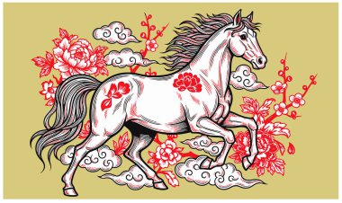 Beyaz At kırmızı çiçekler ve bulutların arasında koşuyor.