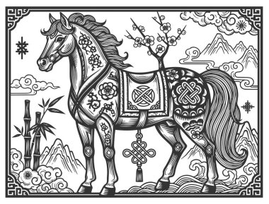 Dağlar ve bulutlarla çevrili dekoratif At çizimi