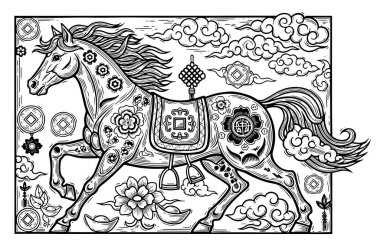 Bulutlar ve çiçeklerle çevrili dekoratif At çizimi