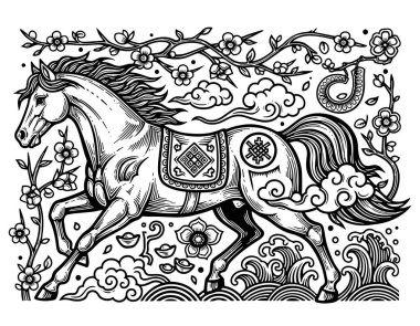 Çiçekler ve bulutlarla çevrili dekoratif At çizimi