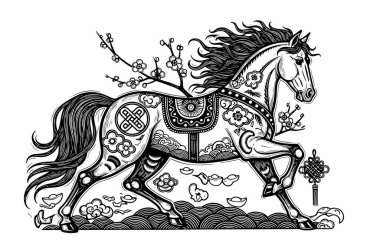 Çiçek desenleri arasında koşan dekoratif At çizimi