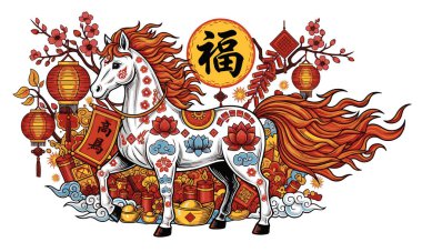 Çiçekler ve fenerlerle çevrili dekoratif at.