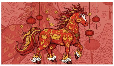 Renkli At illüstrasyonu Ay Yeni Yıl Festivali 'ni kutluyor