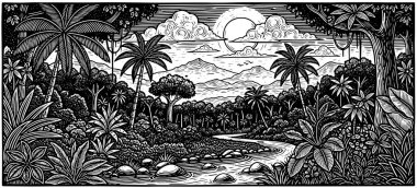 Nehir ve palmiye ağaçlarının yer aldığı bereketli tropikal manzaralar