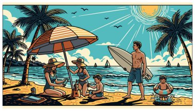 Aile, palmiye ağaçları ve güneşin altında plaj gününün tadını çıkarıyor.