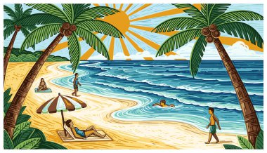 Palmiye ağaçları ve güneşli tropik plaj sahnesi