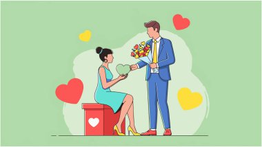 Erkek kadına çiçek ve kalp şeklinde hediye verir.